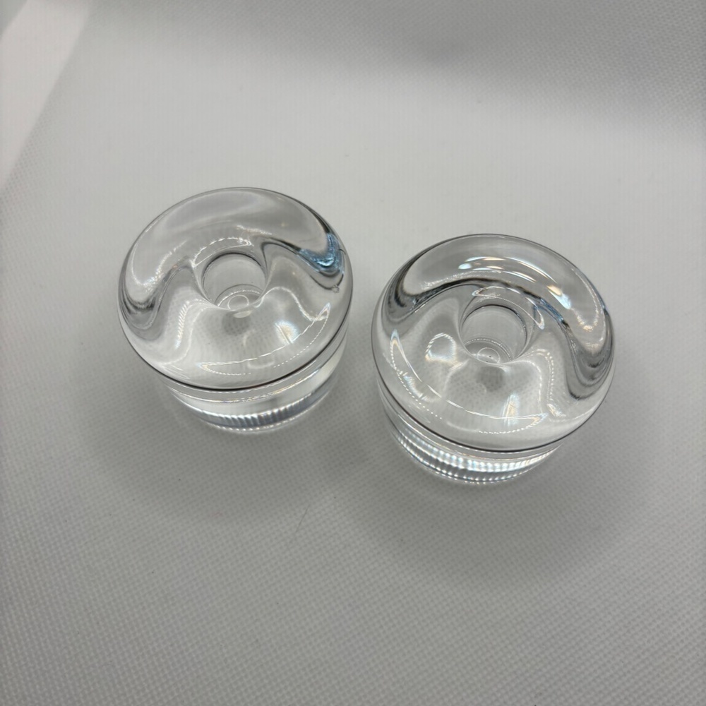Orrefors Swedish Crystal Glass Puck Candlestick Holder, 2pc set, Signed, Vintage - Picture 5 of 7